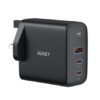 شاحن AUKEY Omnia Mix بقوة 90W PD، يدعم تقنية GaN، بثلاثة منافذ (USB-C وUSB-A)، تصميم أنيق باللون الأسود.