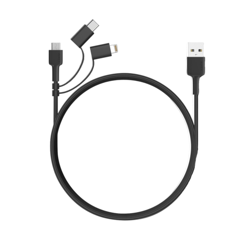 كابل AUKEY 3 في 1 المضفر، بطول 1.2 متر، مع منافذ USB-C وMicro USB وLightning، بتصميم متين وأنيق