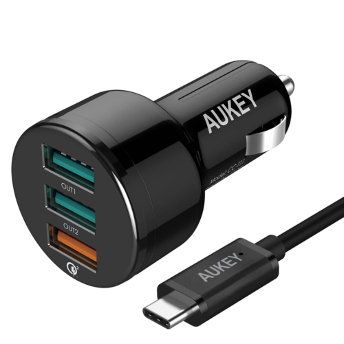 car-charger-stc-aukey شاحن AUKEY للسيارة 3 منافذ مع خاصية الشحن السريع + كابل USB إلى USB-C بطول 1م STC STORE
