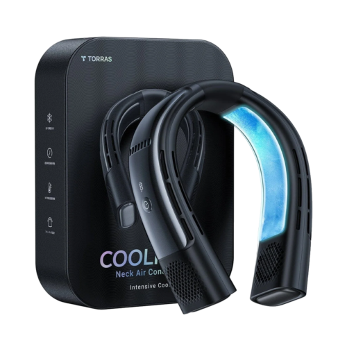 مكيف رقبة TORRAS COOLIFY 2S باللون الأسود، بتقنية التبريد NTC، وتصميم مريح مع بطارية تدوم طويلاً.
