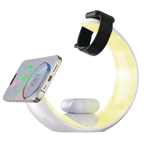 nexo giftology 4-in-1 wireless charger with night light in white sleek design for bedside or desk charging.