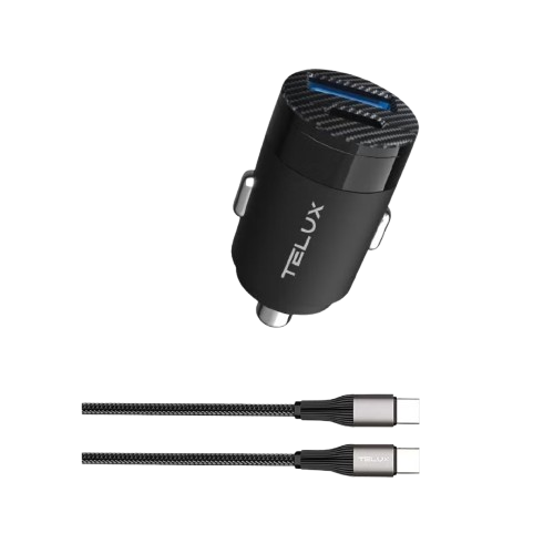 شاحن سيارة تلُكس باورجو pd65-c بمنفذين للشحن السريع مع كابل usb-c (أسود)