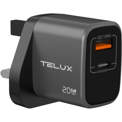 شاحن تيلكس voltflow pd20 بتقنية gan مع منفذي usb-a وusb-c بتصميم مدمج باللون الرمادي.