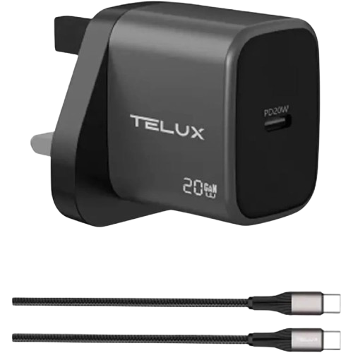 شاحن تيلكس voltflow pd20-c بتقنية gan مع منفذي usb وكابل type-c بتصميم مدمج باللون الرمادي.