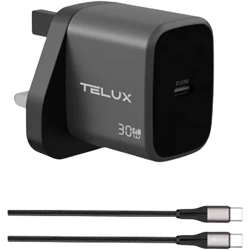 شاحن تيلكس voltflow pd30-c بتقنية gan مع كابل usb-c وتصميم مدمج باللون الرمادي.