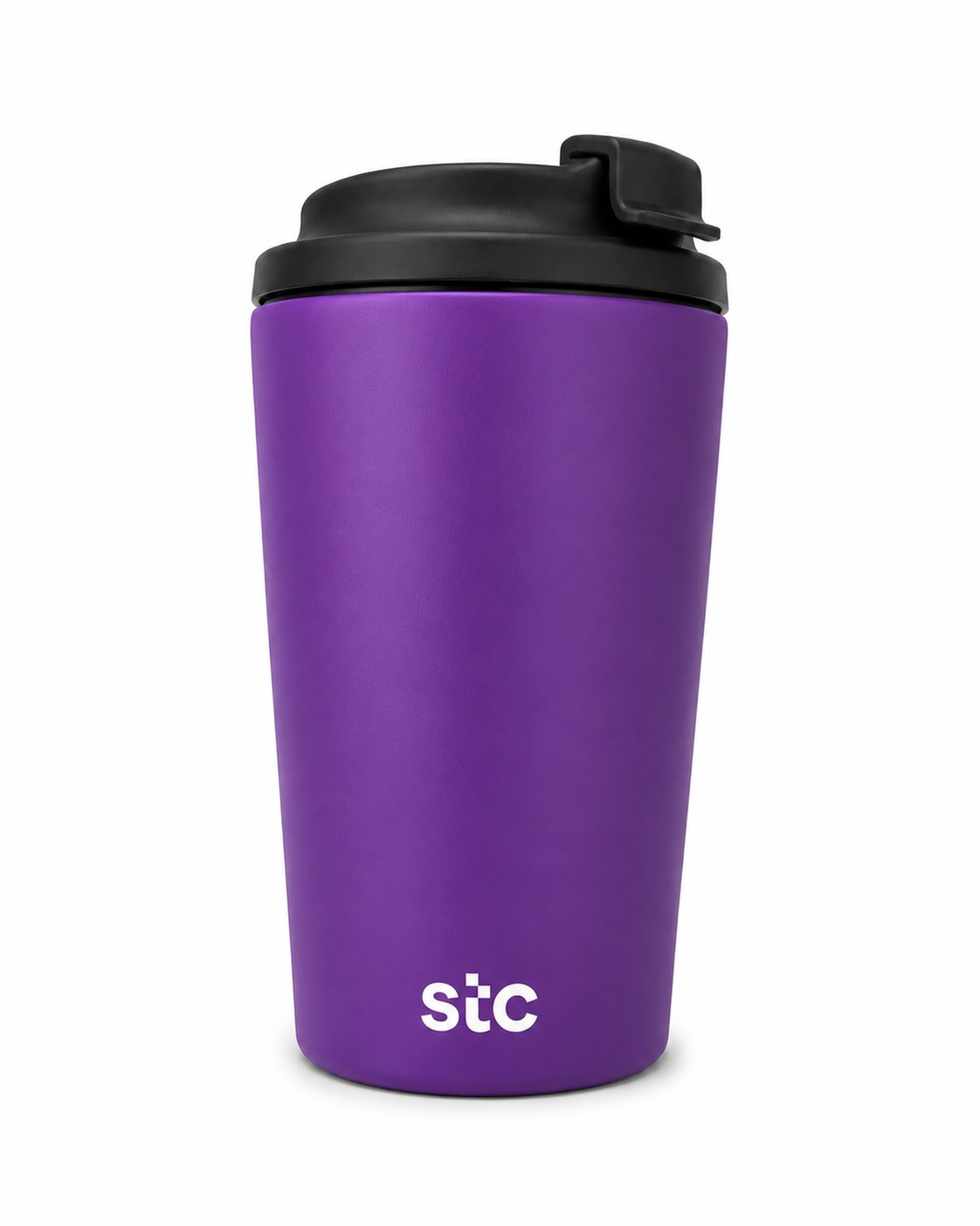 purple insulated stc travel coffee tumbler with black lid and modern minimalist design.