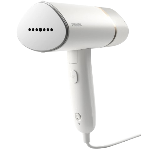 compact foldable handheld garment steamer steaming clothes on a hanger in a modern home setting.