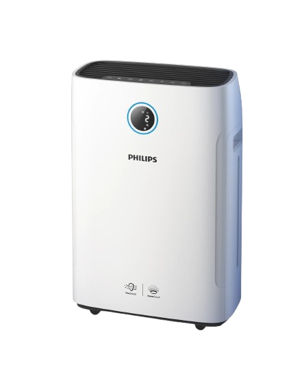 modern 2-in-1 air purifier and humidifier showing air quality and humidity display in a home environment.