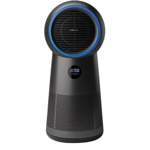 modern 3-in-1 air purifier fan and heater operating in a home room with airflow display.