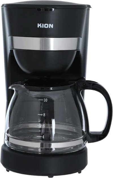 drip coffee machine with glass jug brewing fresh coffee on a kitchen counter.