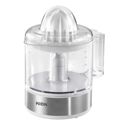 compact citrus juicer with two cones extracting fresh orange juice into an 800ml container on a kitchen counter.