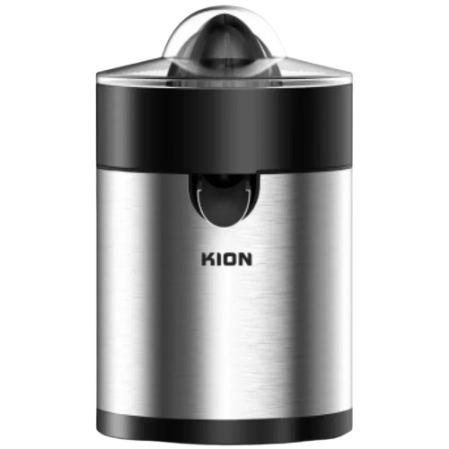 compact citrus juicer with two cones extracting fresh orange juice into an 800ml container on a kitchen counter.