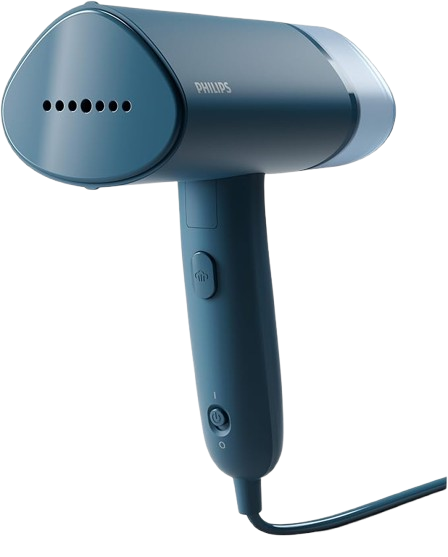 compact foldable handheld garment steamer steaming clothes on a hanger in a modern home setting.
