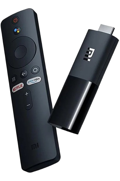 mi tv stick black plugged into tv hdmi port for smart streaming and entertainment.