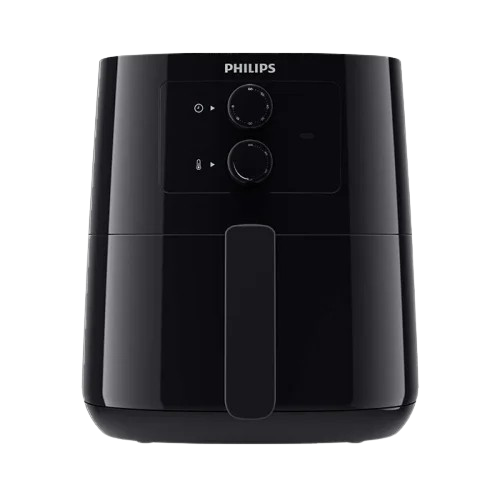 black analog air fryer with rapid air technology and 4.1l capacity placed on a modern kitchen countertop.