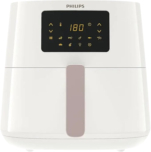 white and rose metallic xl air fryer with rapid air technology and 6.2l capacity placed on a modern kitchen counter.