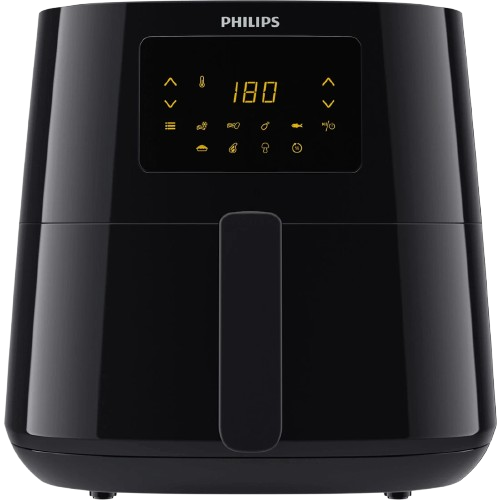 black xl air fryer with rapid air technology and 6.2l capacity placed on a modern kitchen countertop.