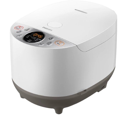 black 1.8l rice cooker with smart 3d heating technology and digital control panel on a kitchen counter.