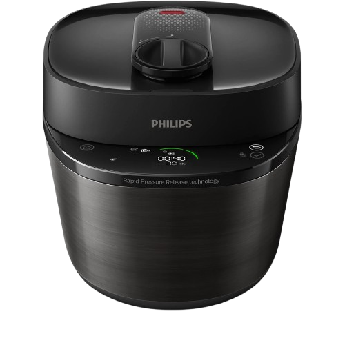 black 6l all-in-one cooker with digital display and rapid pressure release system placed on a modern kitchen countertop.