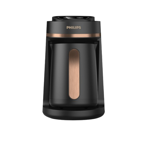 black turkish coffee maker with modern compact design placed on a kitchen counter.