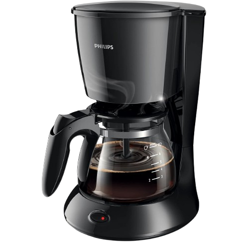 compact black and metal coffee machine with glass jug placed on a kitchen counter.