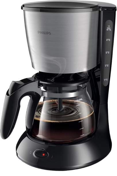 black and metal coffee machine with glass jug placed on a modern kitchen countertop.