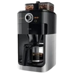 black and metal coffee maker with integrated grinder and dual bean container placed on a modern kitchen counter.