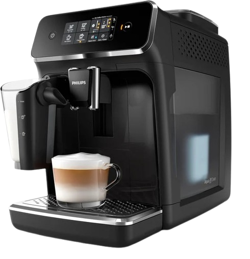 black automatic espresso machine with milk frother and control panel placed on a kitchen countertop.