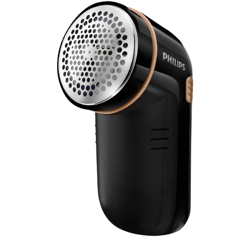 black fabric shaver removing lint from a knitted sweater on a flat surface.