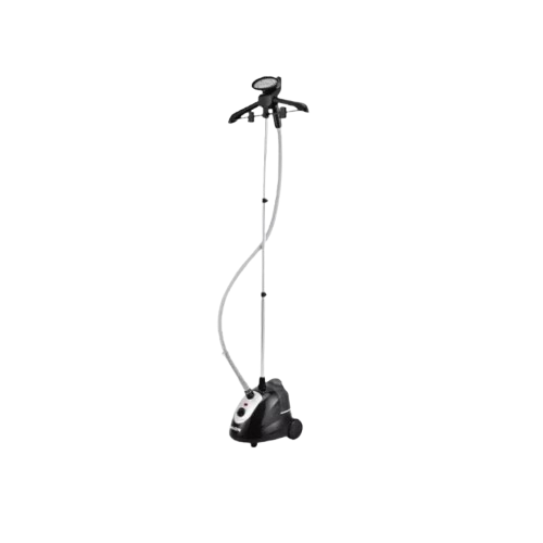 electric garment steamer removing wrinkles from hanging clothes in a modern home setting.