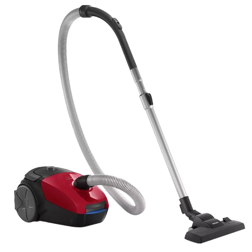 vacuum cleaner with dust bag, super clean air filter, and modern compact design placed in a home setting.