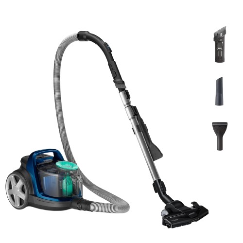 bagless vacuum cleaner with powercyclone 7 technology and allergy h13 filter in a modern home environment.
