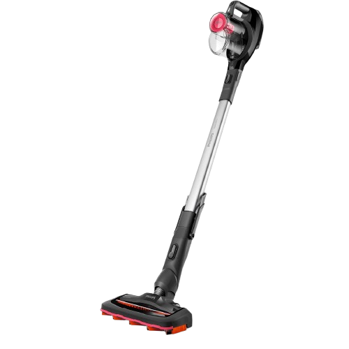 cordless stick vacuum with handheld attachment cleaning under furniture in a modern home setting.
