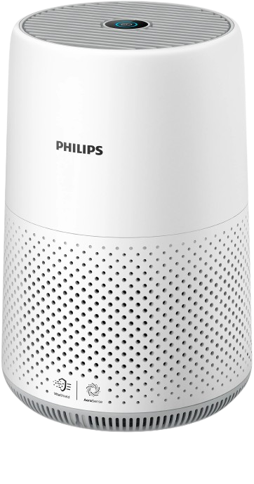 modern air purifier operating in a home room with clean airflow indicator display.