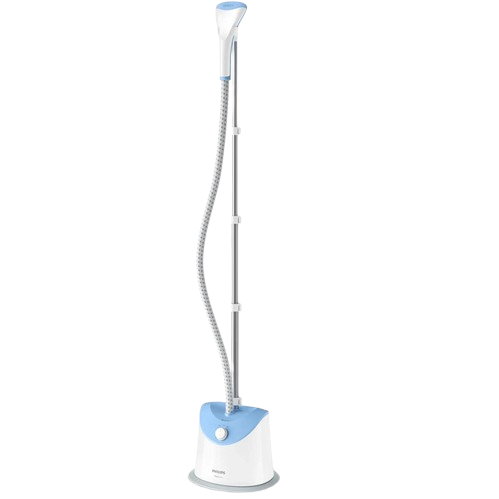 upright garment steamer with modern design steaming clothes on a hanger in a home setting.