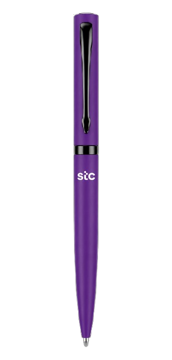 قلم stc معدني فاخر باللون البنفسجي مع مشبك أسود وتصميم أنيق للمكاتب والاجتماعات والهدايا الشركاتية.