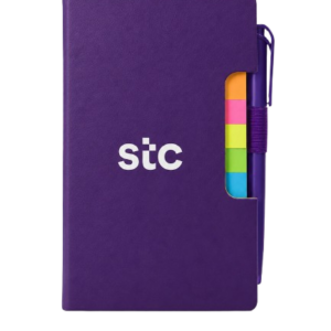 مفكرة STC بنفسجية مع قلم وملاحظات لاصقة ملونة بتصميم عملي للمكتب والاجتماعات والهدايا الترويجية.