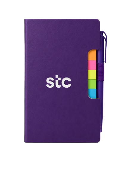 مفكرة STC بنفسجية مع قلم وملاحظات لاصقة ملونة بتصميم عملي للمكتب والاجتماعات والهدايا الترويجية.
