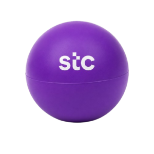 كرة تخفيف التوتر بنفسجية تحمل شعار stc بتصميم مريح للمكاتب والهدايا الترويجية.
