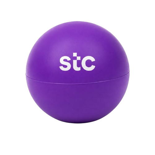 كرة تخفيف التوتر بنفسجية تحمل شعار stc بتصميم مريح للمكاتب والهدايا الترويجية.