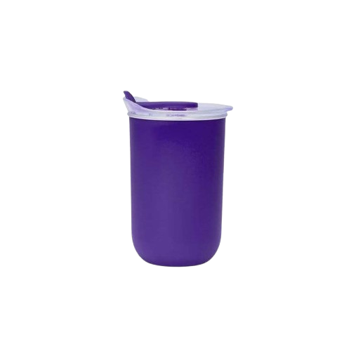 purple stc insulated tumbler with a secure clear lid, ideal for coffee, tea, hot and cold drinks, office, and travel.